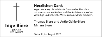 Anzeige  Inge Biere  Lippische Landes-Zeitung