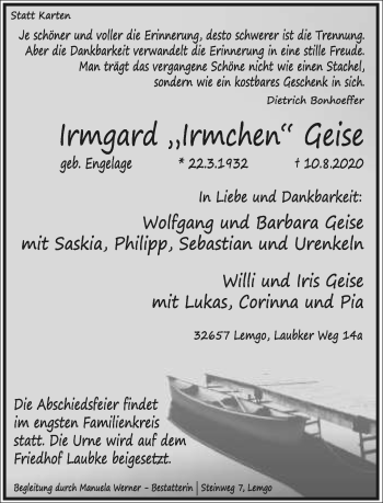 Anzeige  Irmgard Geise  Lippische Landes-Zeitung