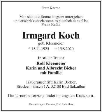 Anzeige  Irmgard Koch  Lippische Landes-Zeitung