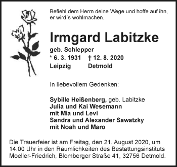 Anzeige  Irmgard Labitzke  Lippische Landes-Zeitung