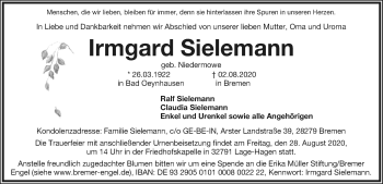 Anzeige  Irmgard Sielemann  Lippische Landes-Zeitung