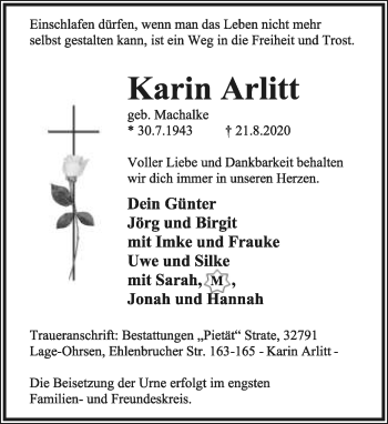 Anzeige  Karin Arlitt  Lippische Landes-Zeitung