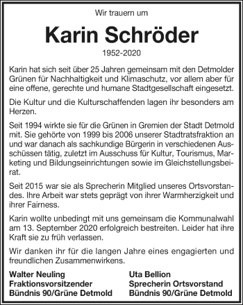 Anzeige  Karin Schröder  Lippische Landes-Zeitung