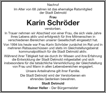 Anzeige  Karin Schröder  Lippische Landes-Zeitung