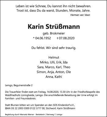 Anzeige  Karin Strüßmann  Lippische Landes-Zeitung