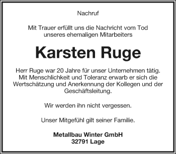 Anzeige  Karsten Ruge  Lippische Landes-Zeitung