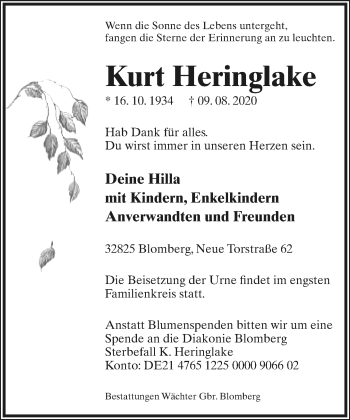 Anzeige  Kurt Heringlake  Lippische Landes-Zeitung