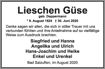 Anzeige  Lieschen Güse  Lippische Landes-Zeitung