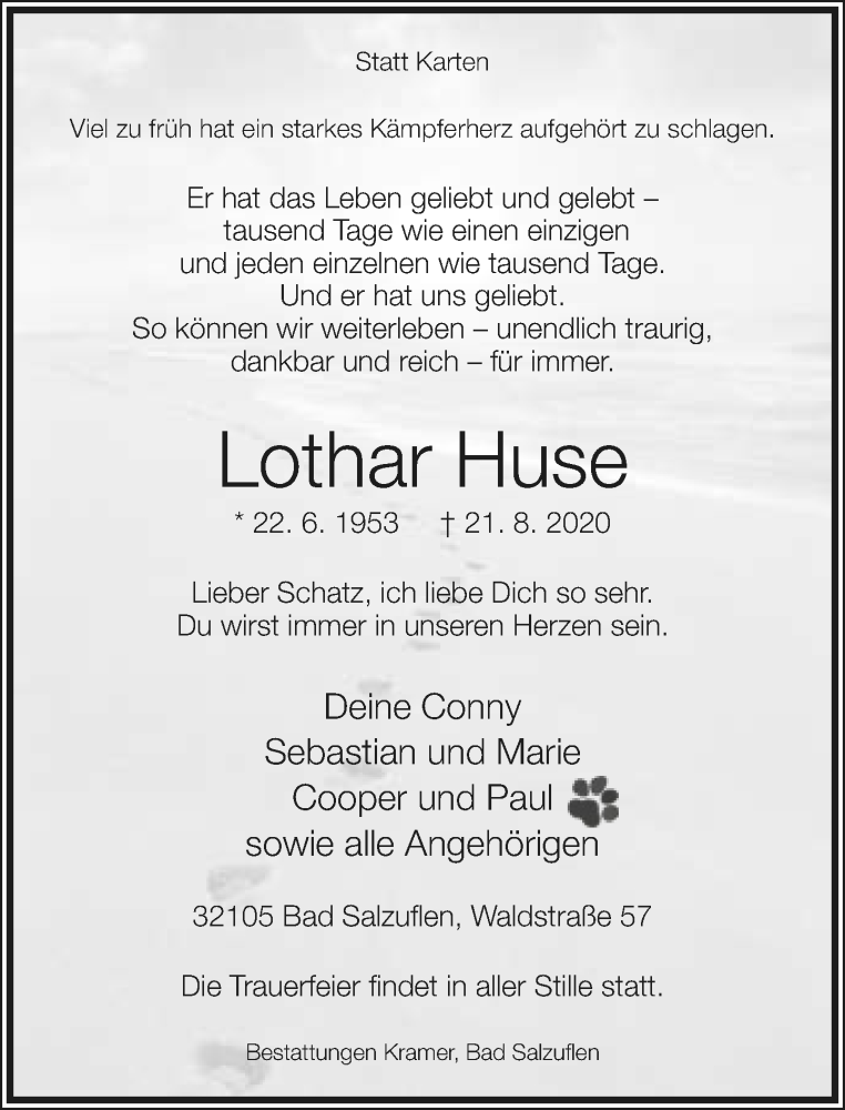 Traueranzeige für Lothar Huse vom 26.08.2020 aus Lippische Landes-Zeitung