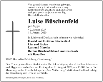Anzeige  Luise Büschenfeld  Lippische Landes-Zeitung