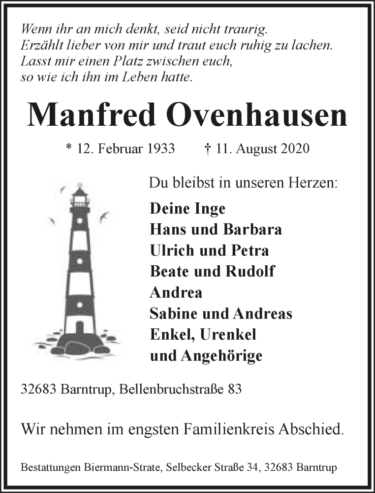  Traueranzeige für Manfred Ovenhausen vom 15.08.2020 aus Lippische Landes-Zeitung