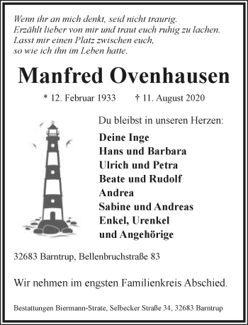 Anzeige  Manfred Ovenhausen  Lippische Landes-Zeitung