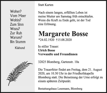 Anzeige  Margarete Bosse  Lippische Landes-Zeitung