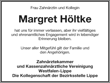 Anzeige  Margret Höltke  Lippische Landes-Zeitung