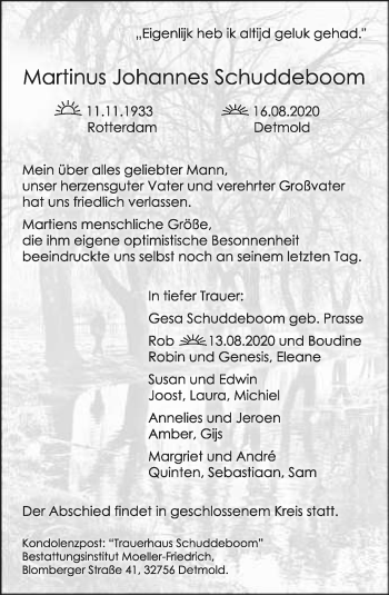 Anzeige  Martinus Johannes Schuddeboom  Lippische Landes-Zeitung