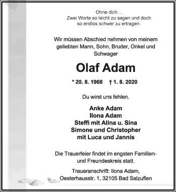 Anzeige  Olaf Adam  Lippische Landes-Zeitung