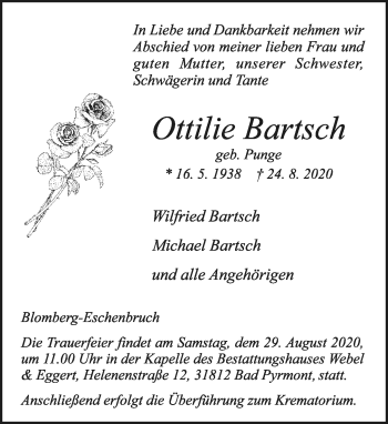 Anzeige  Ottilie Bartsch  Lippische Landes-Zeitung