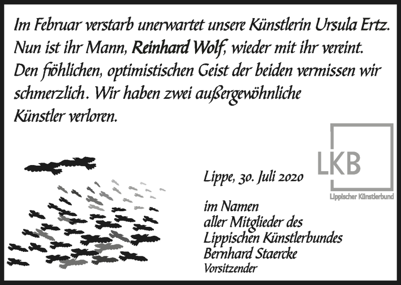  Traueranzeige für Reinhard Wolf vom 01.08.2020 aus Lippische Landes-Zeitung
