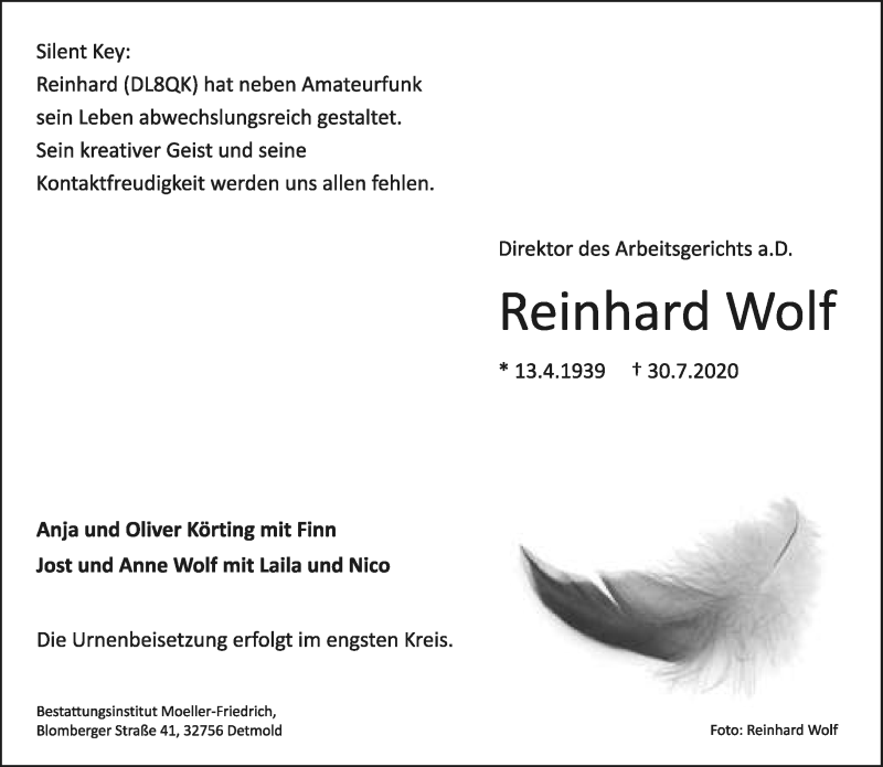  Traueranzeige für Reinhard Wolf vom 08.08.2020 aus Lippische Landes-Zeitung