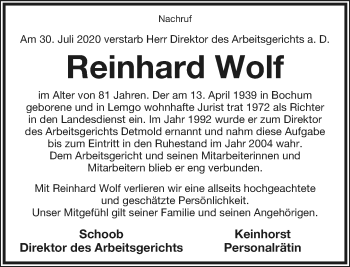 Anzeige  Reinhard Wolf  Lippische Landes-Zeitung