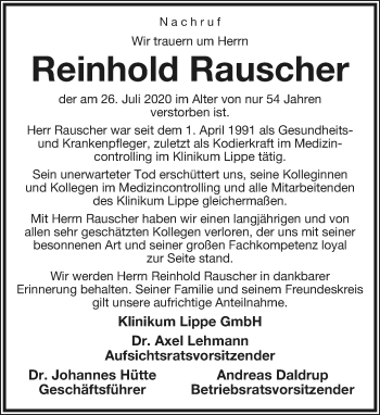 Anzeige  Reinhold Rauscher  Lippische Landes-Zeitung