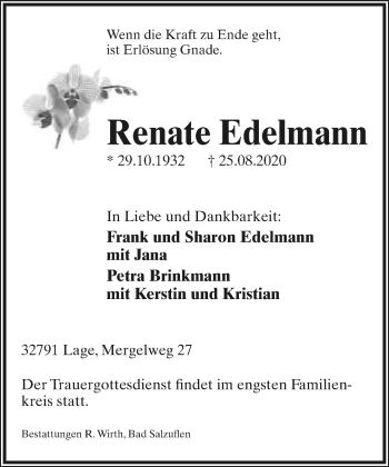 Anzeige  Renate Edelmann  Lippische Landes-Zeitung