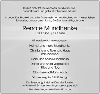 Anzeige  Renate Mundhenke  Lippische Landes-Zeitung