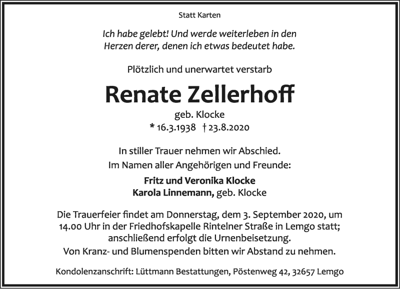  Traueranzeige für Renate Zellerhoff vom 29.08.2020 aus Lippische Landes-Zeitung