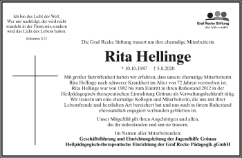 Anzeige  Rita Hellinge  Lippische Landes-Zeitung