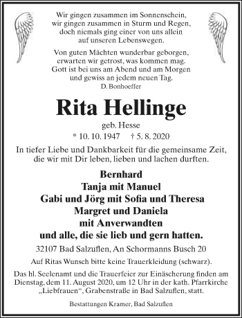 Anzeige  Rita Hellinge  Lippische Landes-Zeitung