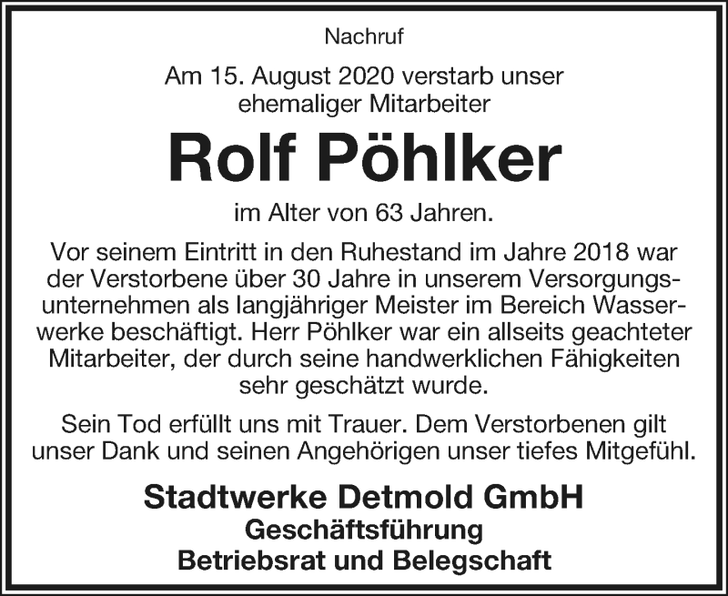  Traueranzeige für Rolf Pöhlker vom 26.08.2020 aus Lippische Landes-Zeitung