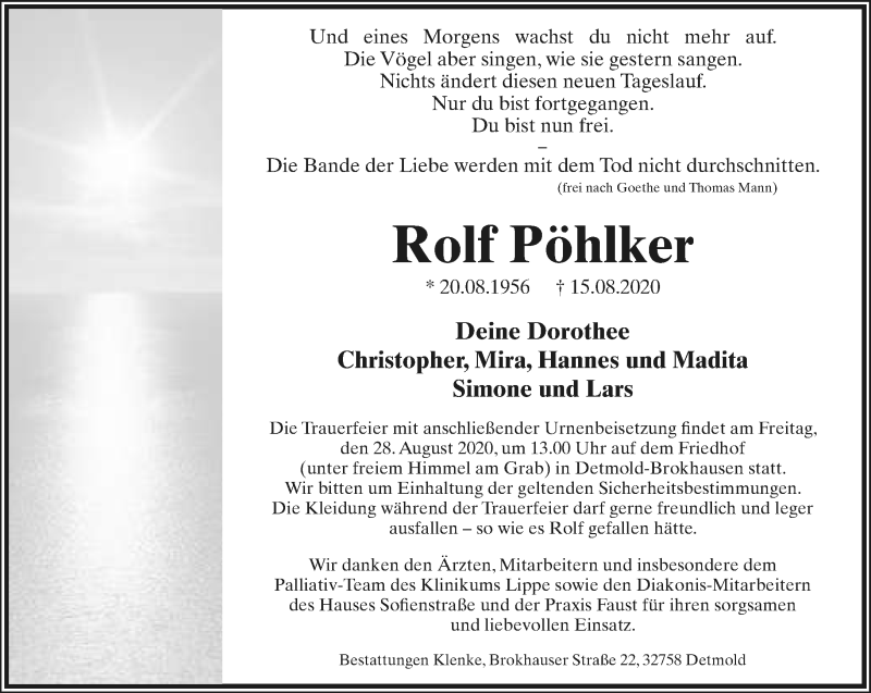  Traueranzeige für Rolf Pöhlker vom 22.08.2020 aus Lippische Landes-Zeitung