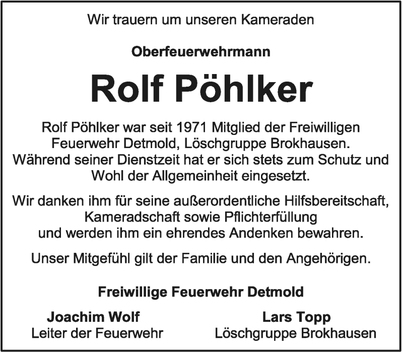  Traueranzeige für Rolf Pöhlker vom 22.08.2020 aus Lippische Landes-Zeitung