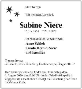 Anzeige  Sabine Niere  Lippische Landes-Zeitung