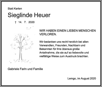 Anzeige  Sieglinde Heuer  Lippische Landes-Zeitung