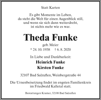 Anzeige  Theda Funke  Lippische Landes-Zeitung