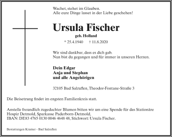 Anzeige  Ursula Fischer  Lippische Landes-Zeitung