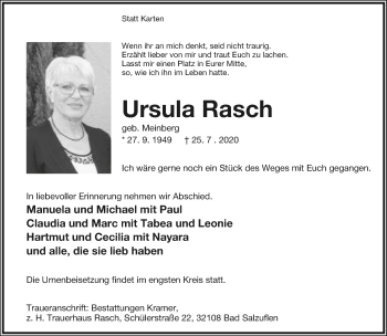 Anzeige  Ursula Rasch  Lippische Landes-Zeitung