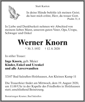 Anzeige  Werner Knorn  Lippische Landes-Zeitung