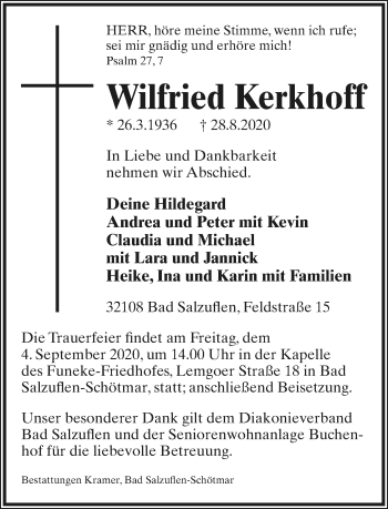 Anzeige  Wilfried Kerkhoff  Lippische Landes-Zeitung