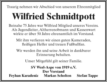 Anzeige  Wilfried Schmidtpott  Lippische Landes-Zeitung