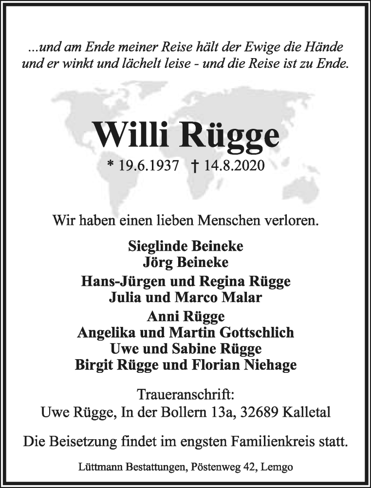  Traueranzeige für Willi Rügge vom 22.08.2020 aus Lippische Landes-Zeitung
