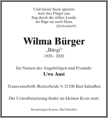 Anzeige  Wilma Bürger  Lippische Landes-Zeitung