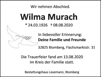 Anzeige  Wilma Murach  Lippische Landes-Zeitung