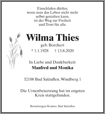 Anzeige  Wilma Thies  Lippische Landes-Zeitung