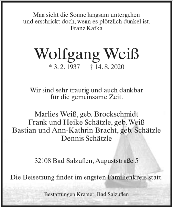 Anzeige  Wolfgang Weiß  Lippische Landes-Zeitung