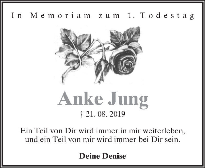  Traueranzeige für Anke Jung vom 21.08.2020 aus Lippische Landes-Zeitung