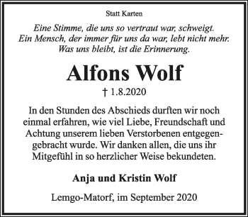 Anzeige  Alfons Wolf  Lippische Zeitung