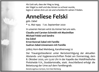 Anzeige  Anneliese Felski  Lippische Landes-Zeitung