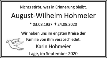 Anzeige  August-Wilhelm Hohmeier  Lippische Landes-Zeitung